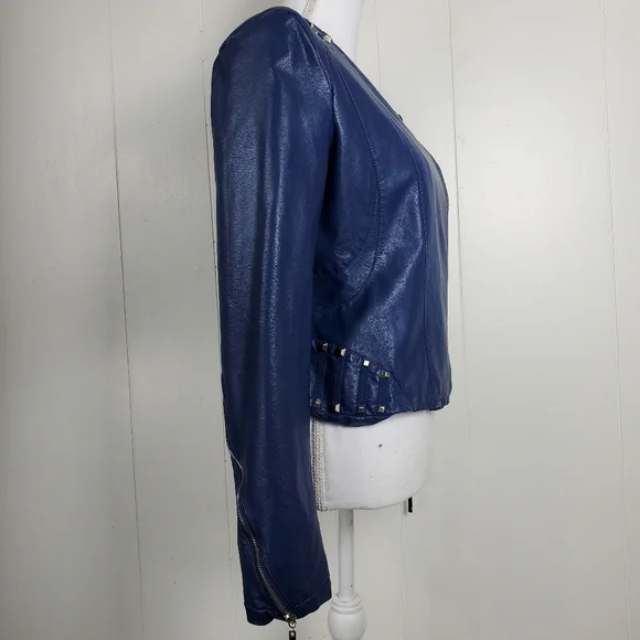 Moto biker blue studded faux leather coat size small - Picture 5 of 11